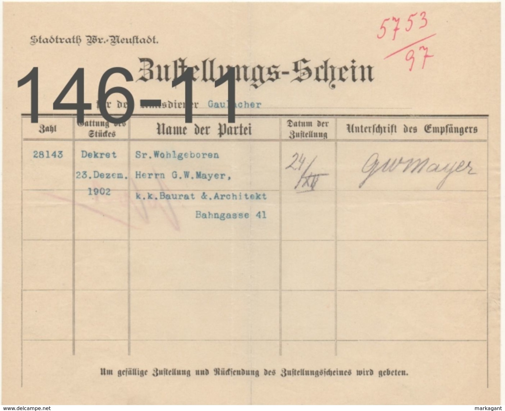 DOKUMENT: Bustellungs - Schein/24-12-1902 - Oostenrijk