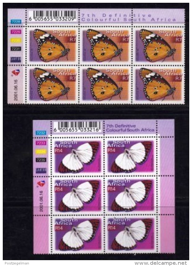 RSA, 2001, MNH Stamps In Control Blocks, MI 1403-1408, Definitive's Butterflies,  X770 - Ungebraucht