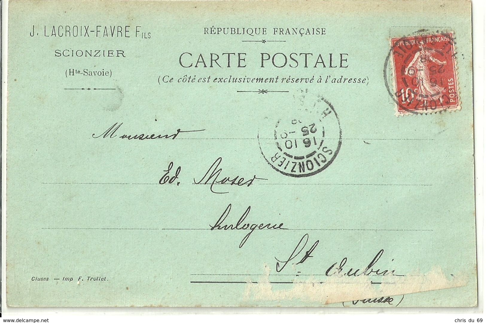 Scionzier Lacroix Favre Fils Carte Correspondance Pour La Suisse - Scionzier