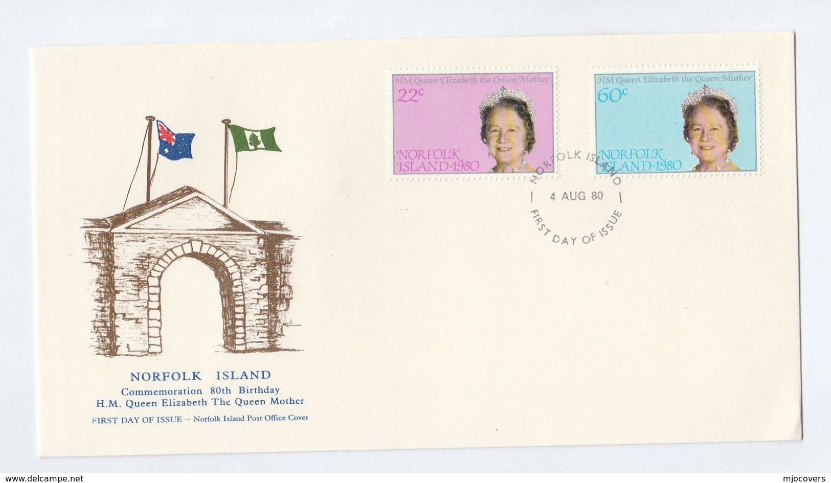 1980 NORFOLK ISLAND FDC Royalty QUEEN MOTHER Stamps Cover - Norfolk Island