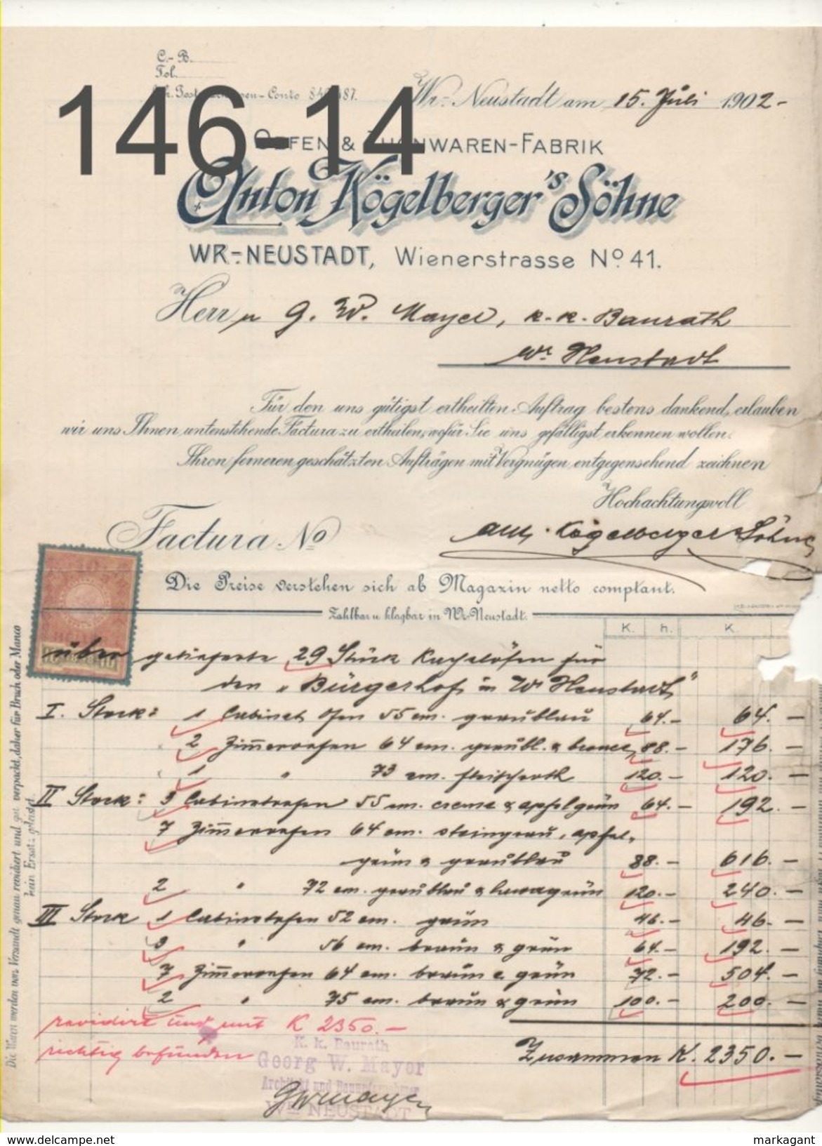 RECHNUNG: Anton Kögelberger`s Söne/15-7-1902 - Austria