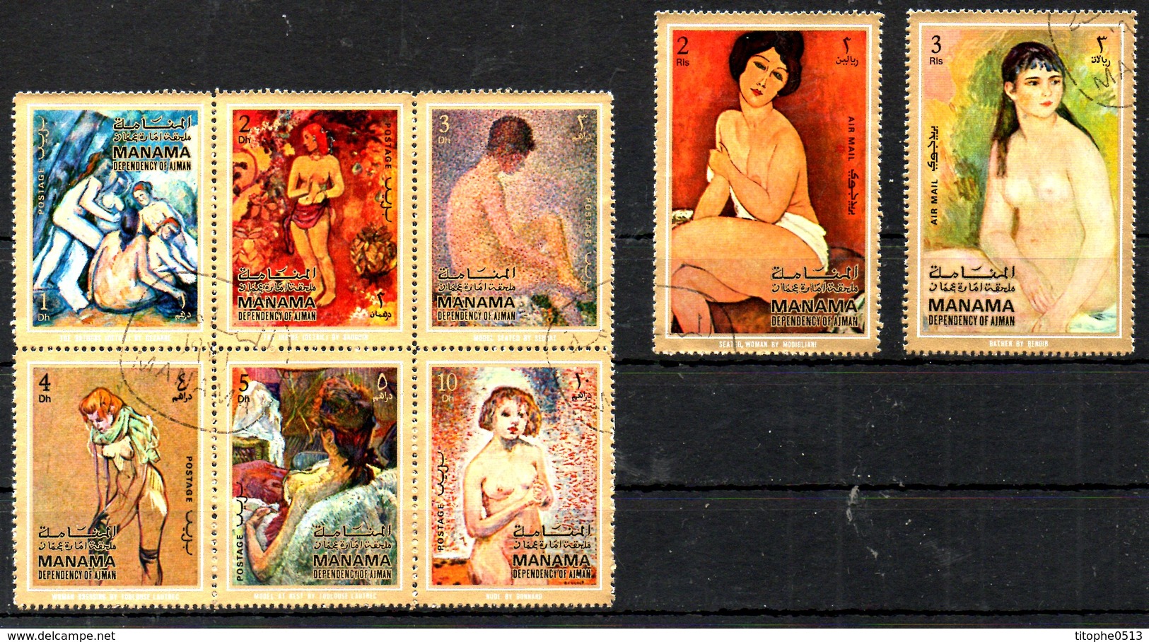 MANAMA. 8 Timbres Oblitérés. Nus/Renoir/Modigliani/Cézanne/Gauguin/Toulouse-Lautrec. - Nus