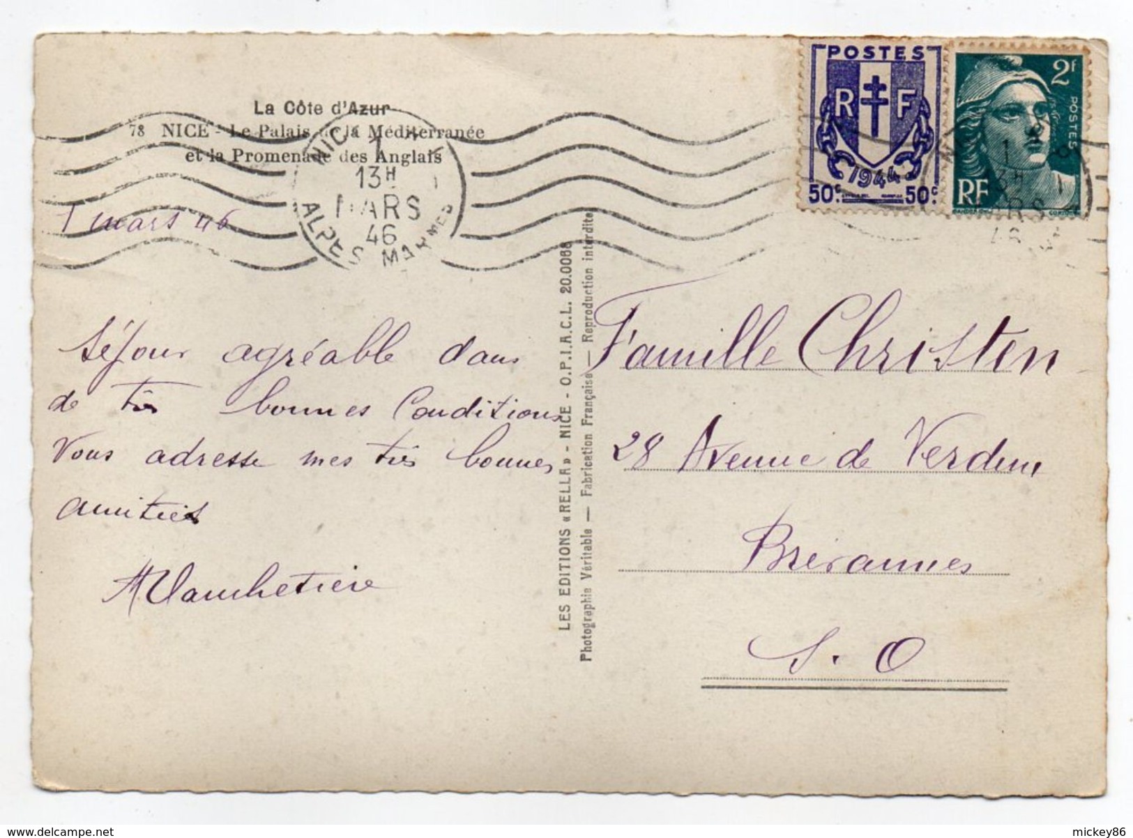 NICE--1946-Le Palais De La Méditerranée Et La Promenade Des Anglais (belles Voitures En Beau Plan)-cachet-timbres - Passenger Cars
