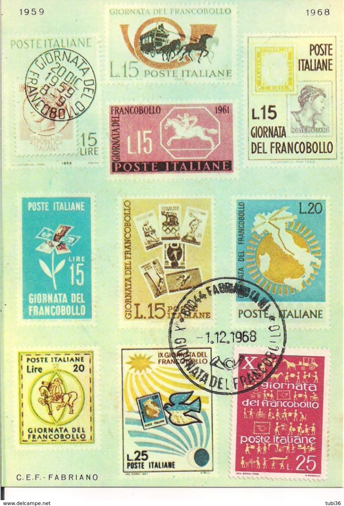 "10* GIORNATA DEL FRANCOBOLLO" ,1968,CIRCOLO FILATELICO DI FABRIANO (ANCONA) POSTE FABRIANO, ANNULLO SPECIALE SU CARTOLI - Francobolli Su Francobolli