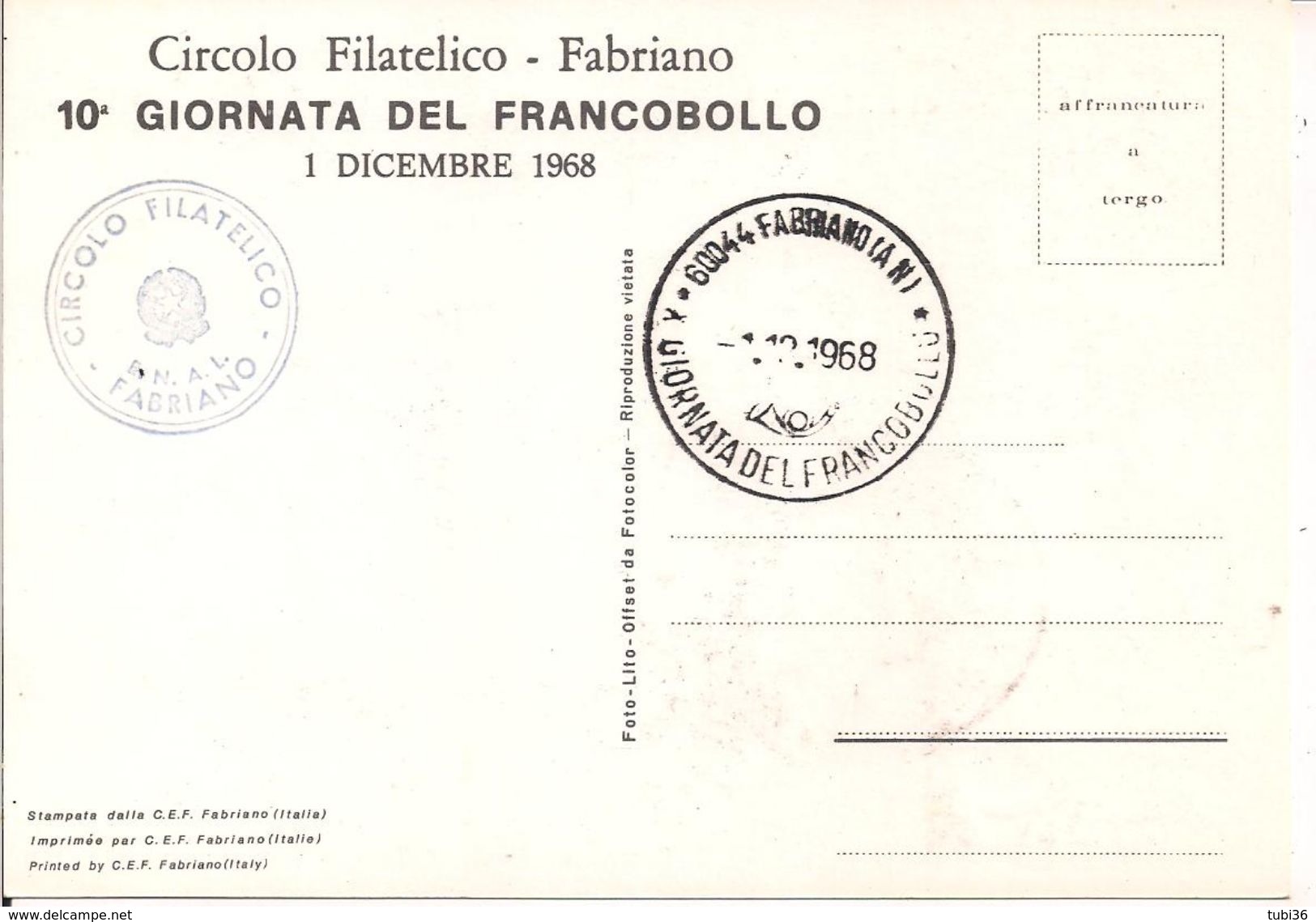 "10* GIORNATA DEL FRANCOBOLLO" ,1968,CIRCOLO FILATELICO DI FABRIANO (ANCONA) POSTE FABRIANO, ANNULLO SPECIALE SU CARTOLI - Francobolli Su Francobolli