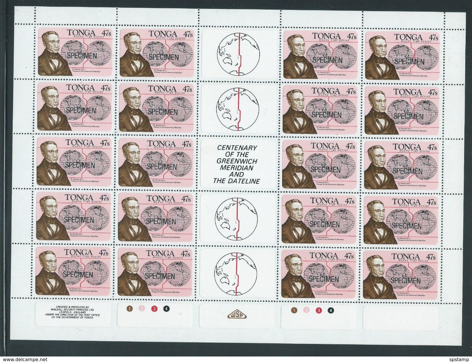Tonga 1984 International Date Line Self Adhesive Set Of 2 X 20 In Full Sheets Gutters & Margins MNH Specimen O/P - Tonga (1970-...)