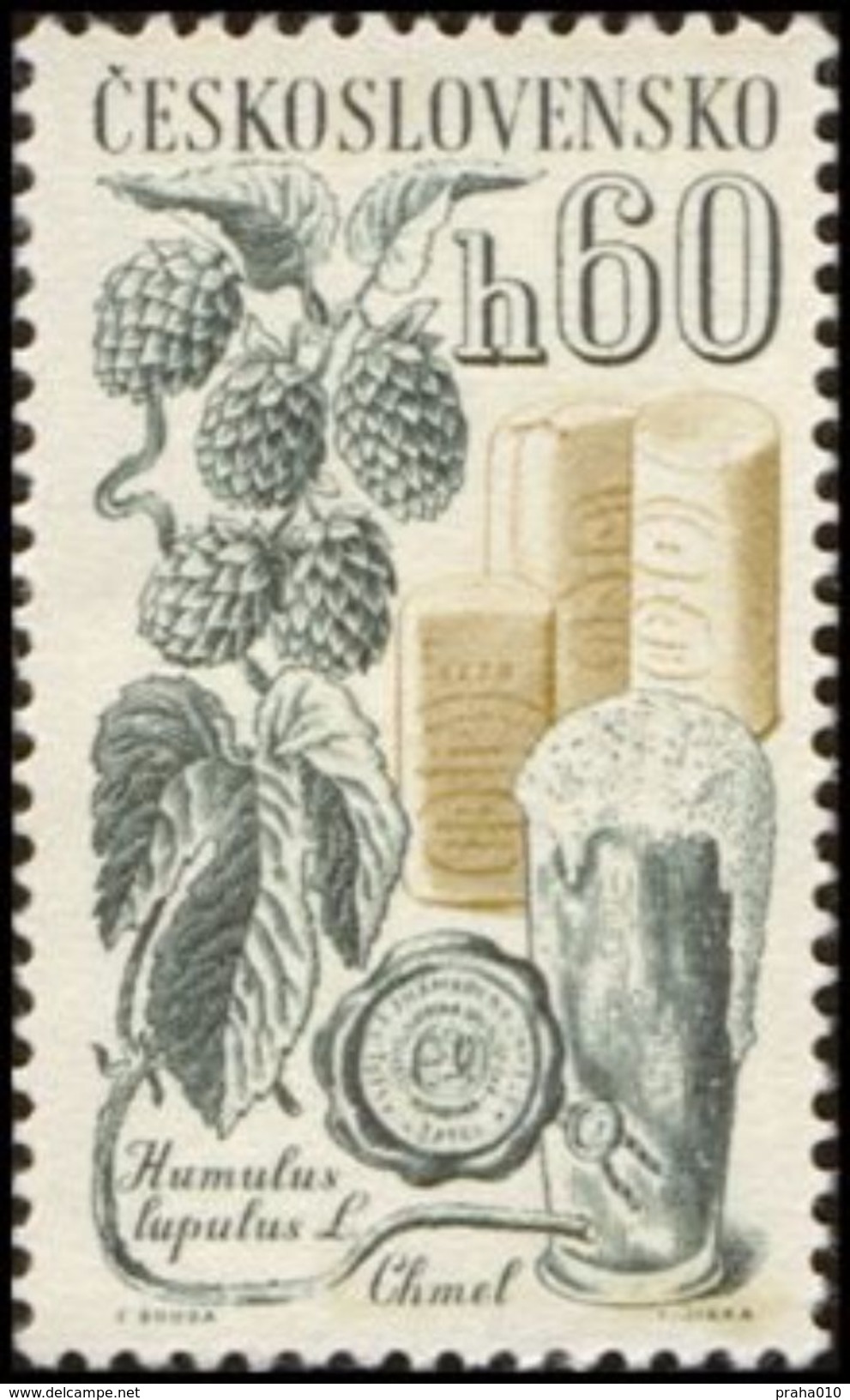 Czechoslovakia / Stamps (1961) 1201: Agricultural Crops - Humulus Lupulus (beer, Packed Hops); Painter: Cyril Bouda - Bières