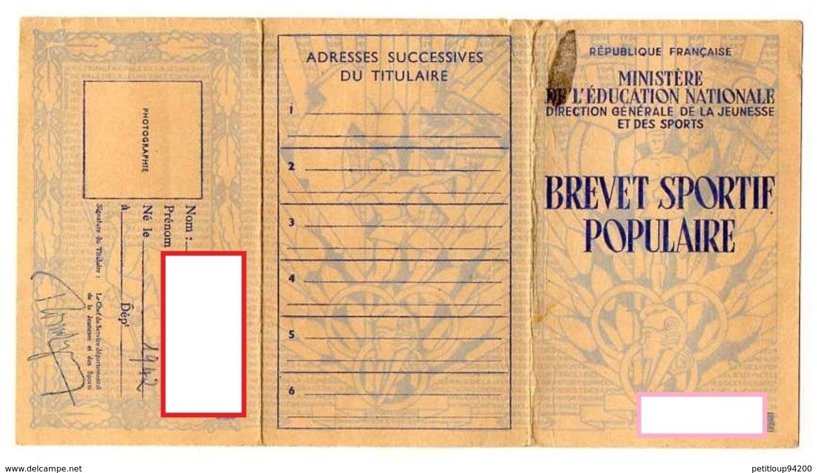 MINISTERE DE L'EDUCATION NATIONALE  Brevet Sportif Populaire TIMBRE Jean Bouin 1956 - Apparel, Souvenirs & Other