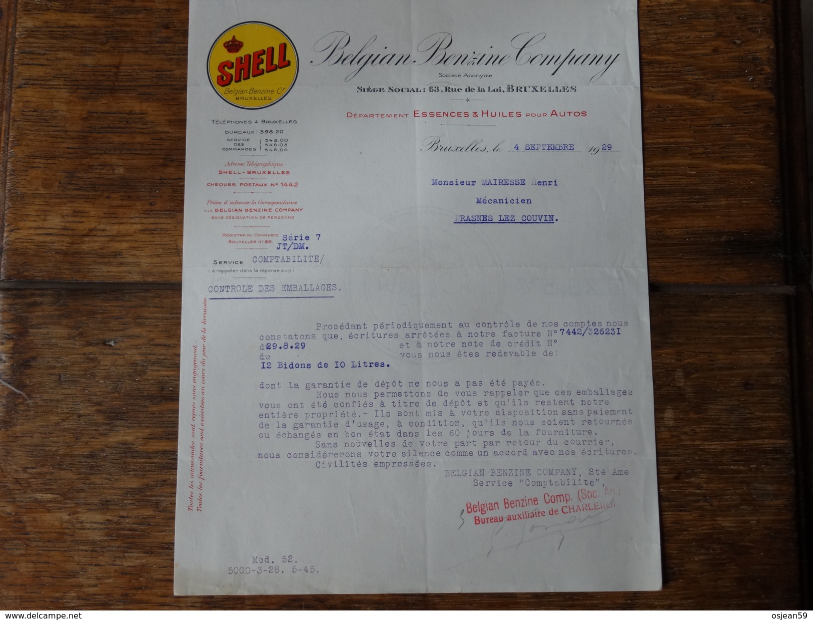 SHELL-Belgian Benzine Company - Lettre Sur Le Contrôle Des Emballages Du 04 Septembre 1929. - Automobilismo
