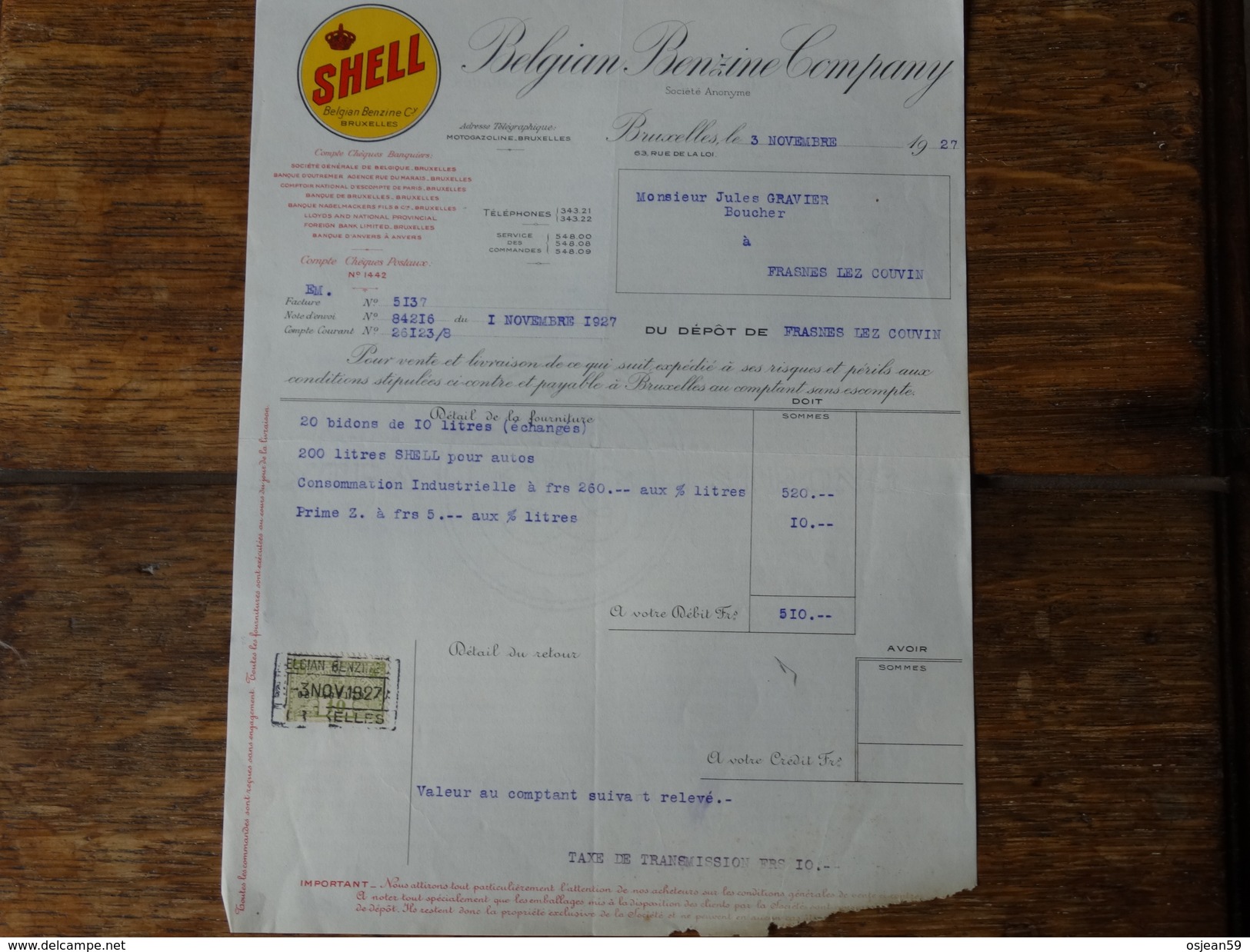 SHELL-Belgian Benzine Company - Facture Du 03 Novembre 1927. - Auto's