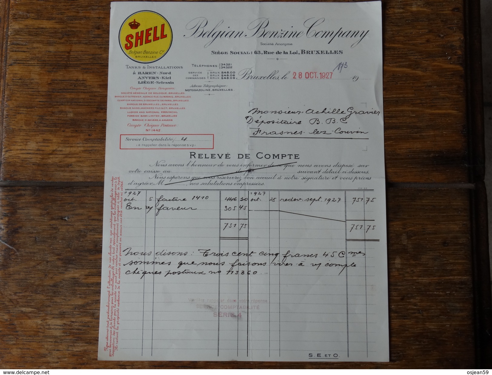 SHELL-Belgian Benzine Company - Relevé De Compte Du 28 Octobre 1927. - Automobilismo