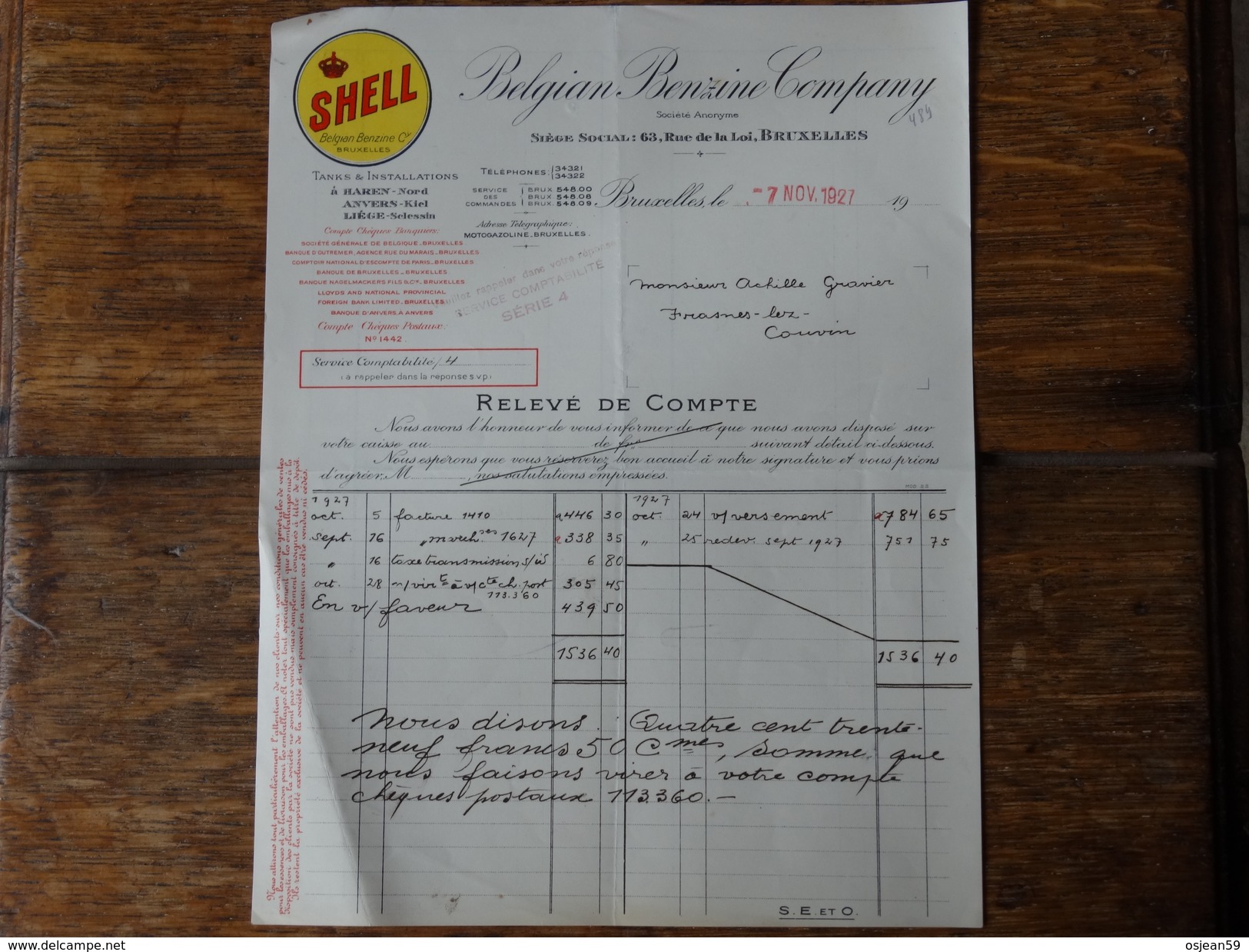 SHELL-Belgian Benzine Company - Relevé De Compte Du 07 Novembre 1927. - Automovilismo