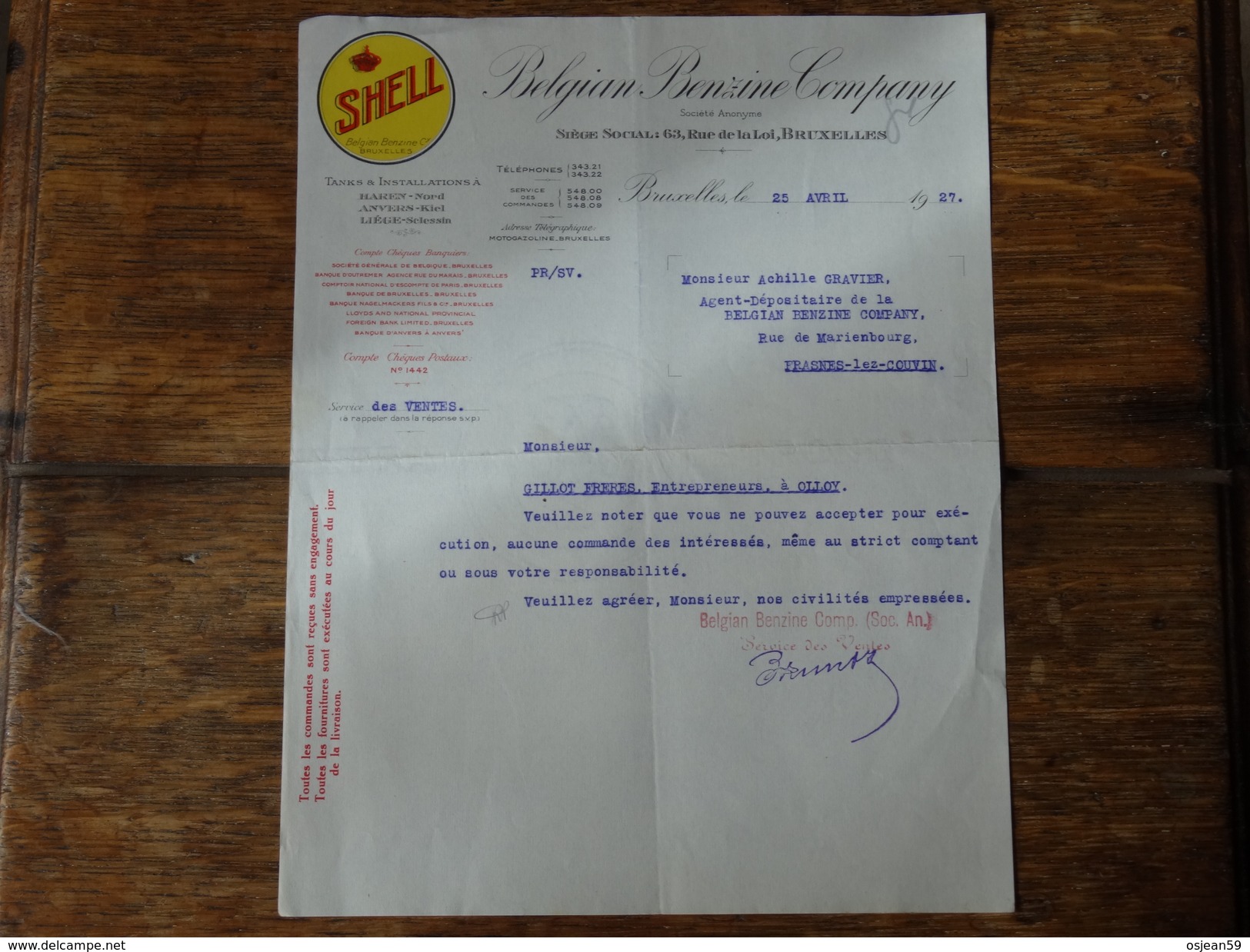SHELL-Belgian Benzine Company - Courier Du 25 Avril 1927. - Automobilismo