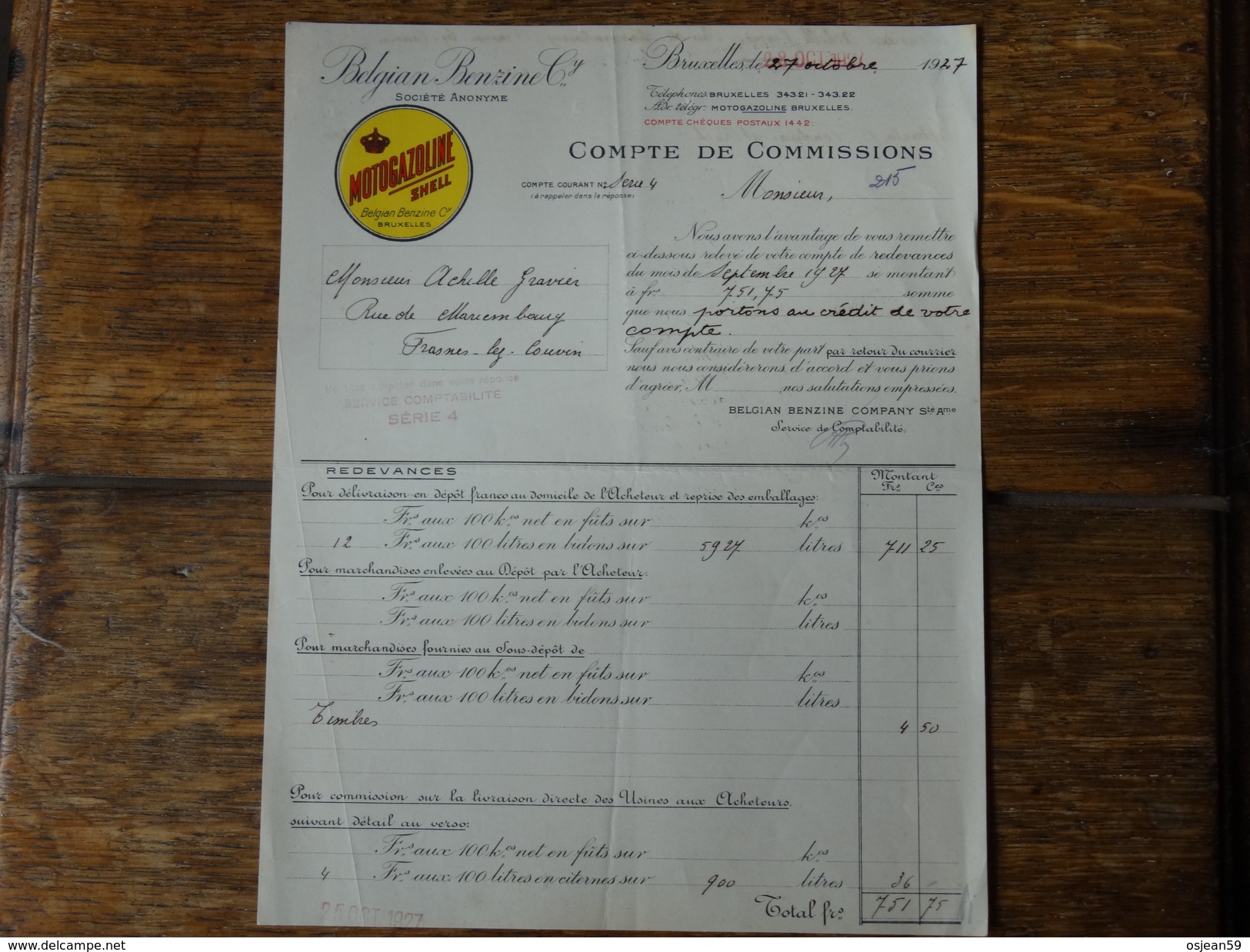 SHELL-Belgian Benzine Company - Compte De Commissions Le 27 Octobre 1927. - Automobile