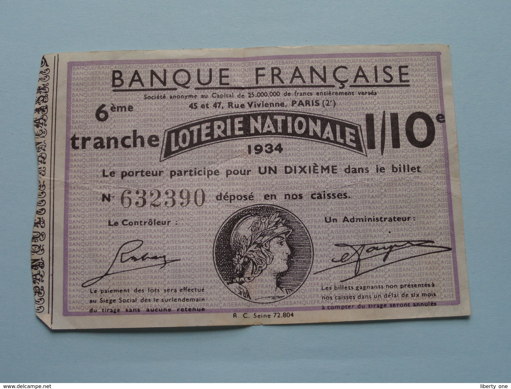 1934 : N° 632390 - Banque Française 6ème Tranche Loterie Nationale 1/10e ( Voir Photo Pour Détail ) ! - Billets De Loterie