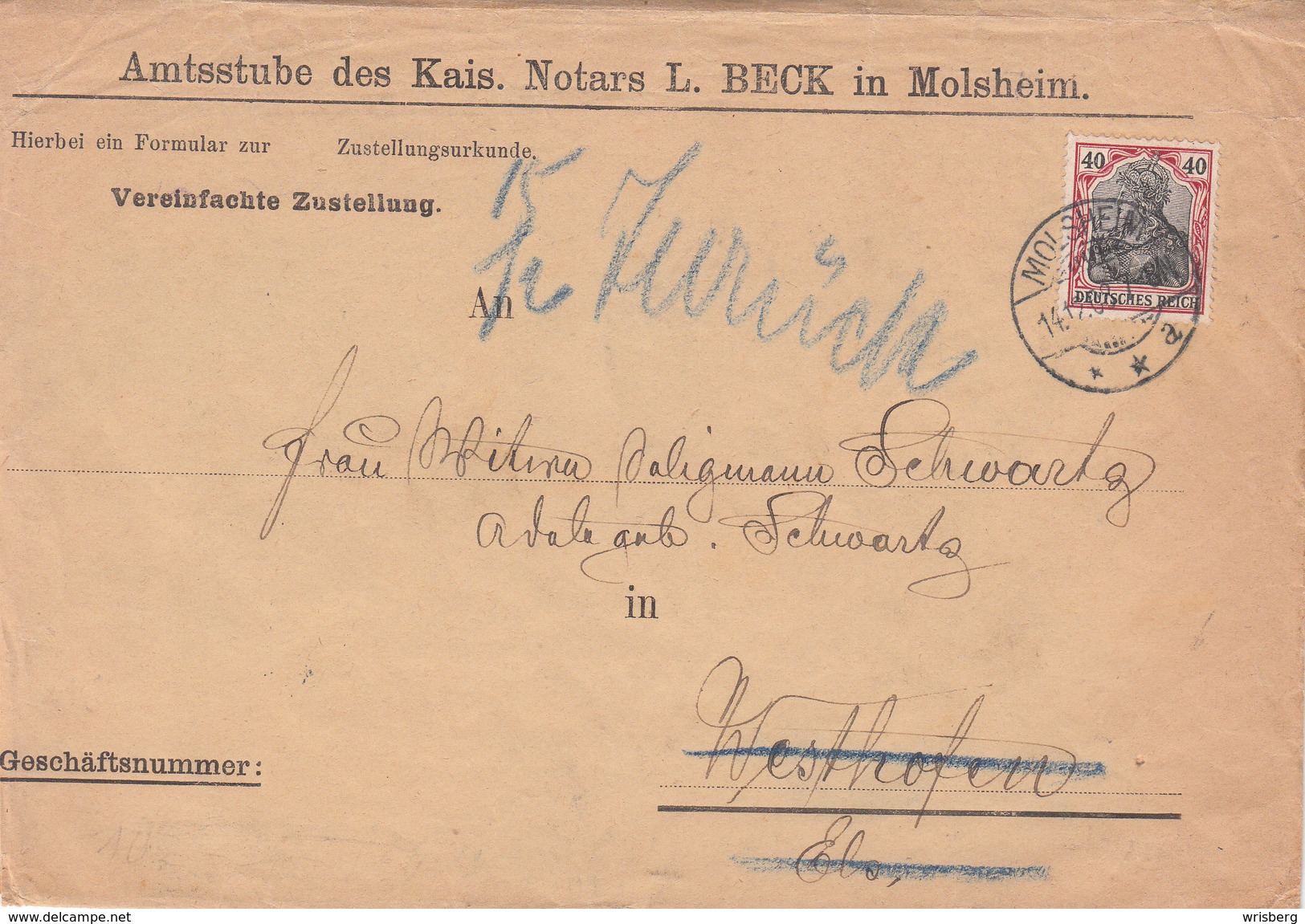 Env Vereinfachte Zustellung Affr Y&T 88  Obl MOLSHEIM Du 9.3.02 Adressé à Strasbourg - Lettres & Documents