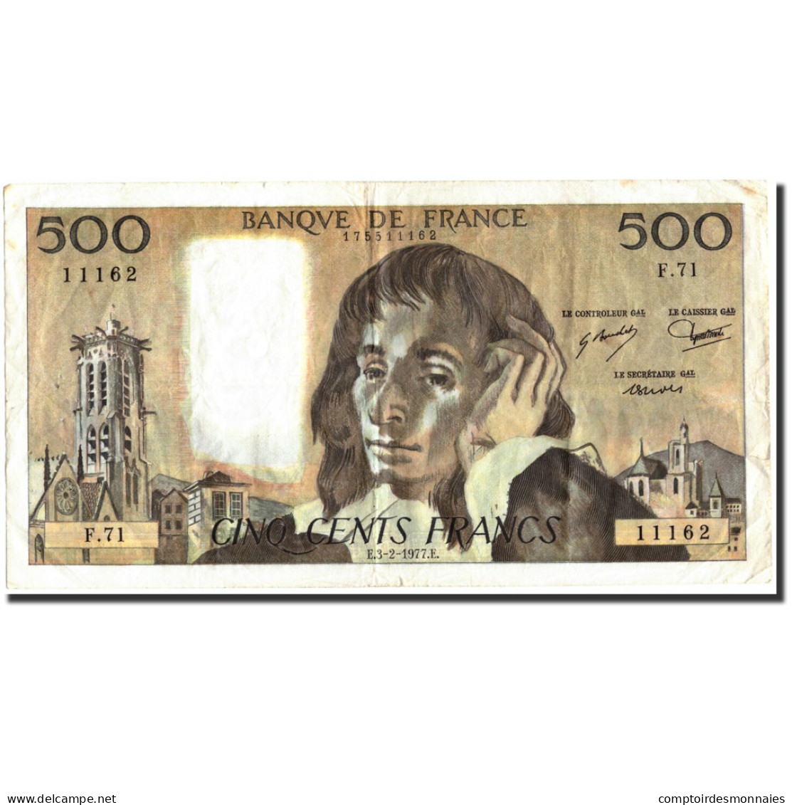 Billet, France, 500 Francs, 1977, 1977-02-03, TB+, Fayette:71.16, KM:156d - 500 F 1968-1993 ''Pascal''