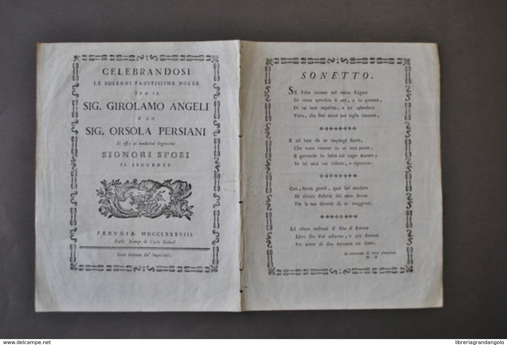 Poesia Nozze Matrimonio Angeli Persiani Perugia Sonetto Arcadia 1788 - Non Classificati