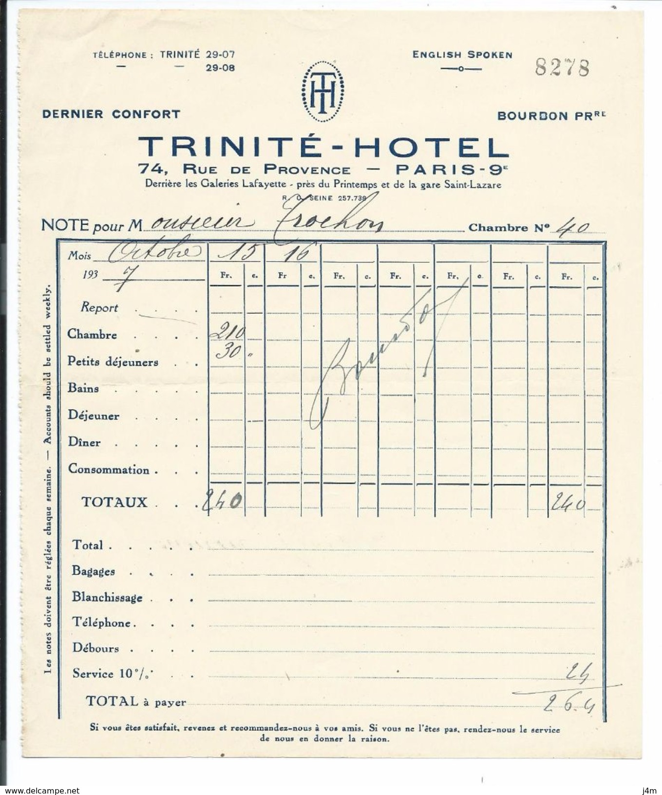 FACTURE De 1937.. TRINITE- HOTEL, Rue De Provence à PARIS 9e (75) - 1900 – 1949