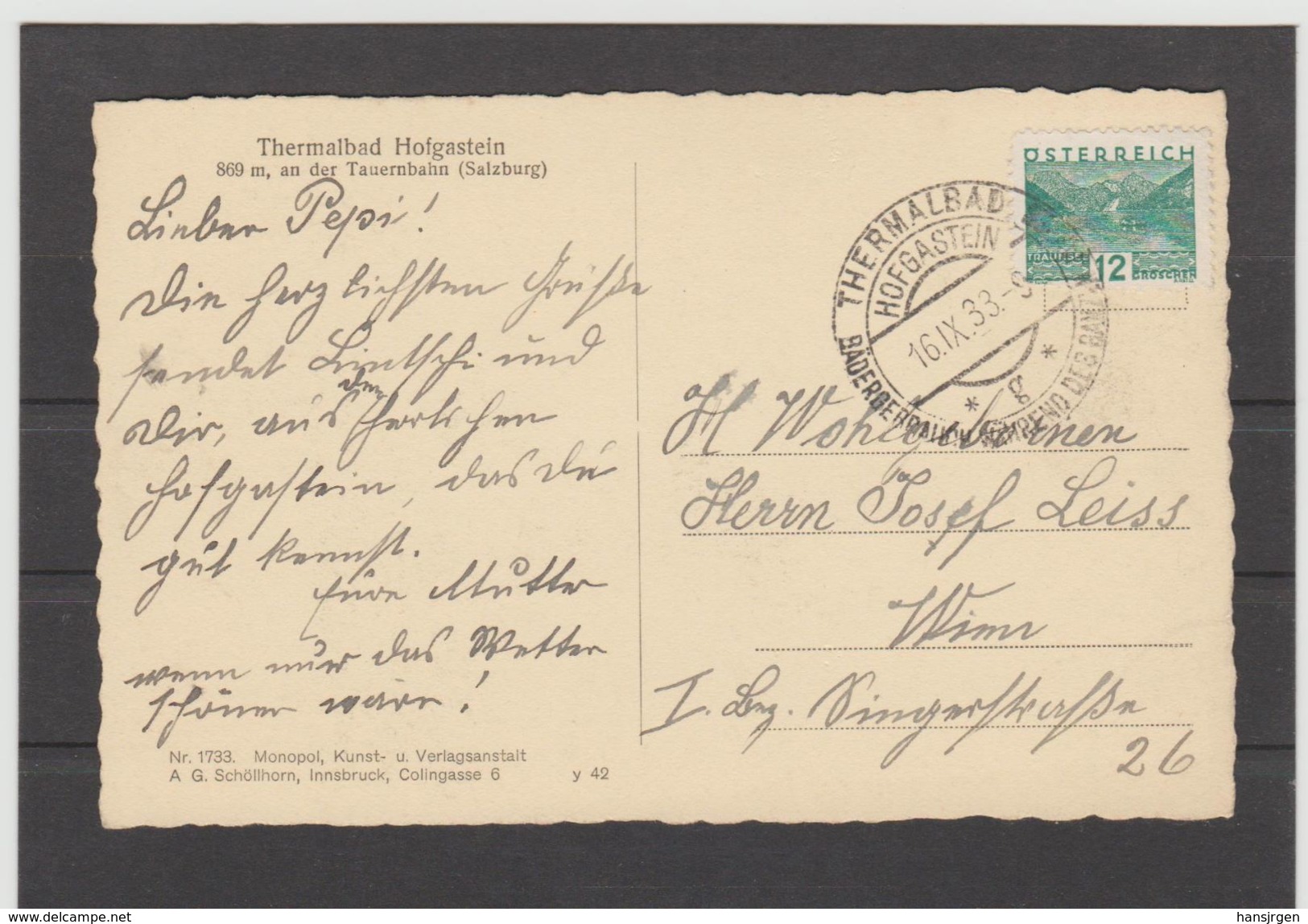 STM910 POSTKARTE JAHR 1933 THERMALBAG HOFGASTEIN GEBRAUCHT SIEHE ABBILDUNG - Bad Hofgastein