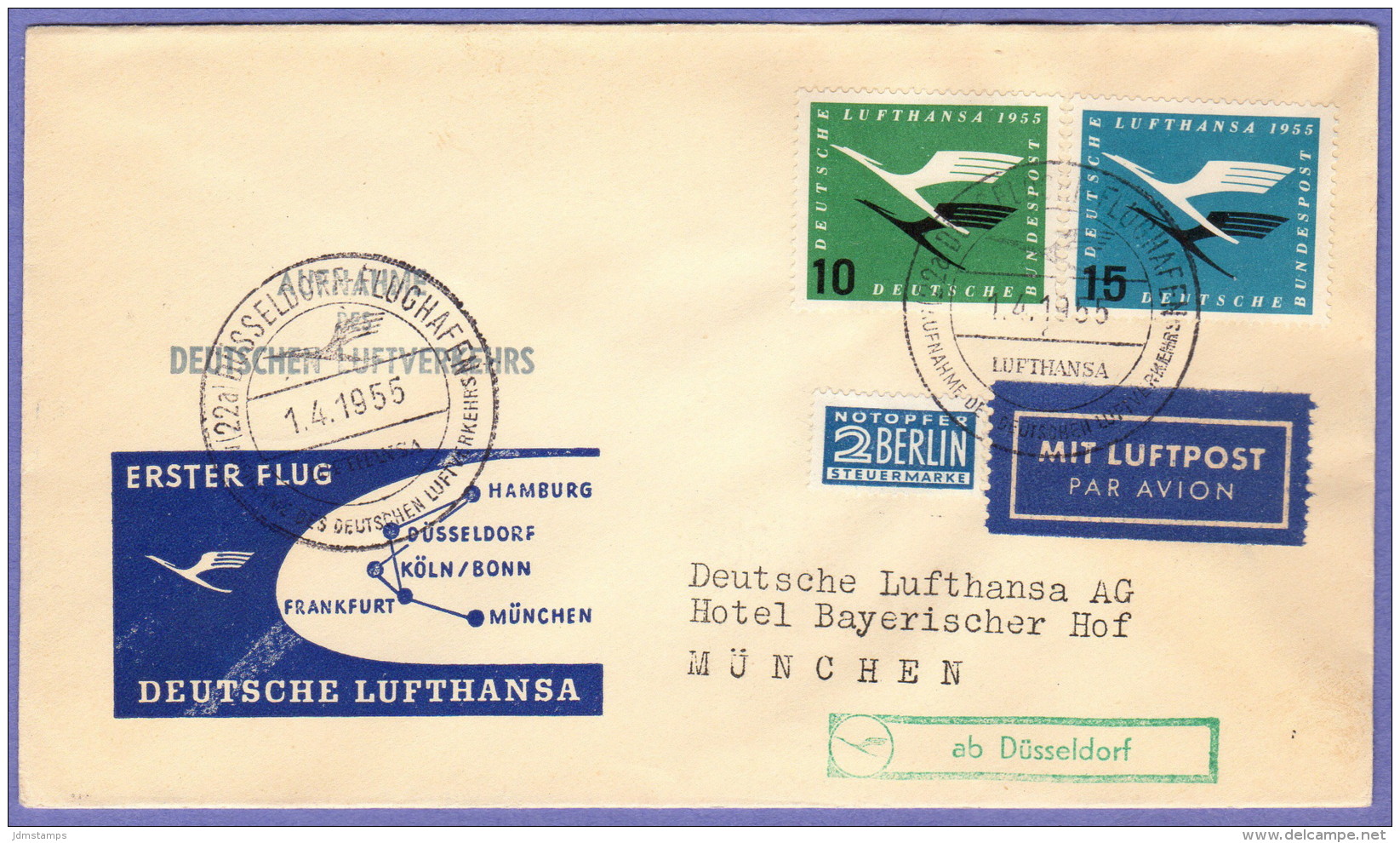 GER SC #C62-3, RA1 Air Mail First Flight Dusseldorf To Munich 04-01-1955 "NOTOPFER" - Sonstige & Ohne Zuordnung