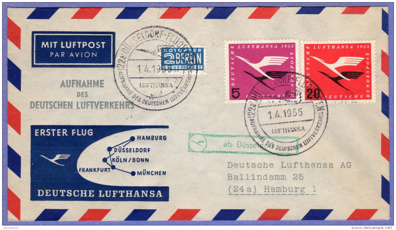 GER SC #C61, C64, RA1 Air Mail First Flight Dusseldorf To Hamburg 04-01-1955 - Sonstige & Ohne Zuordnung