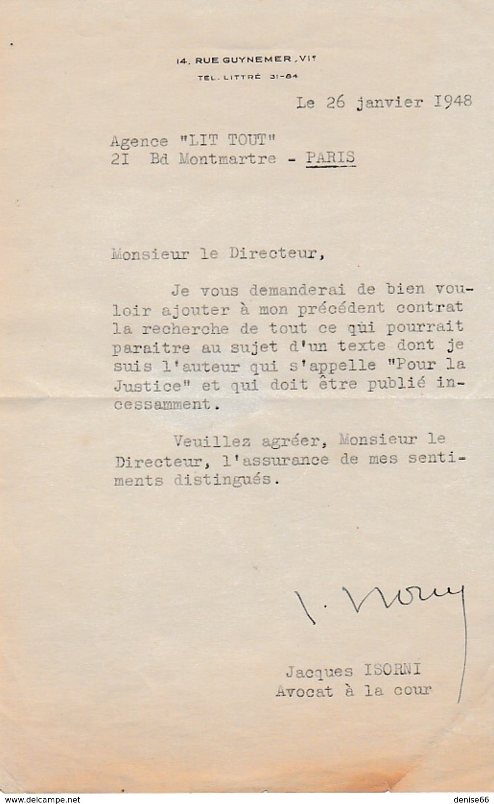 Paris Janv.1948 - L.S. Jacques ISORNI (1911-1995) Avocat, Défenseur De Robert BRASILLACH Et Du Maréchal PÉTAIN - - Documenti Storici