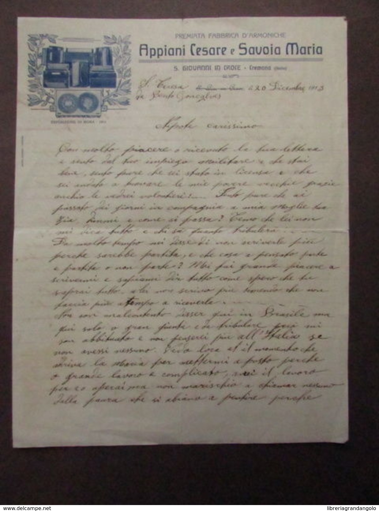 Lettera Manoscritta Emigranti Brasile Appiani Cesare Armoniche Musica 1911 - Unclassified