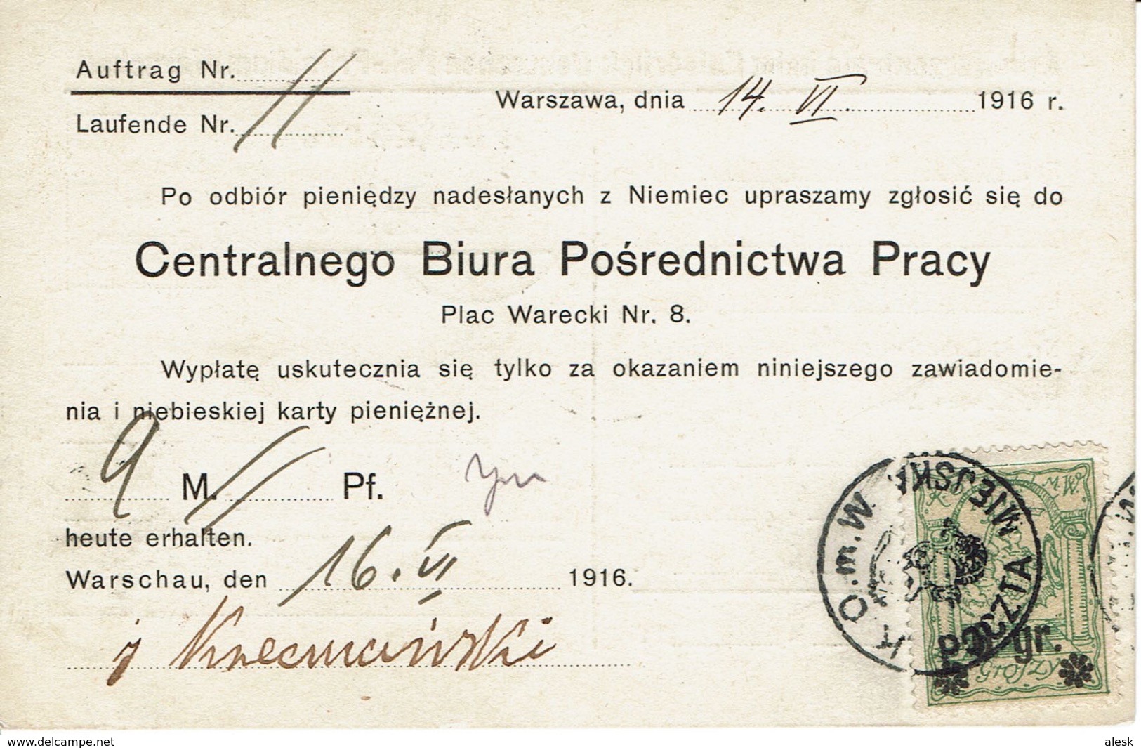 WARSZAWA - VARSOVIE - Poste Locale Mandat Carte 14 Juin 1916 Lettre Michel N° 10 - Expertisé - Deux Scannes - Briefe U. Dokumente