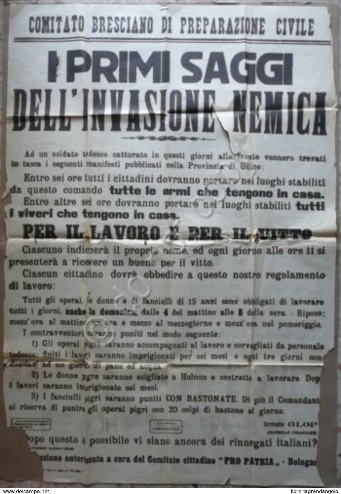 Manifesto Difesa Civile Brescia Lavoro Vitto Consegna Armi Viveri Guerra 1915-18 - Non Classificati