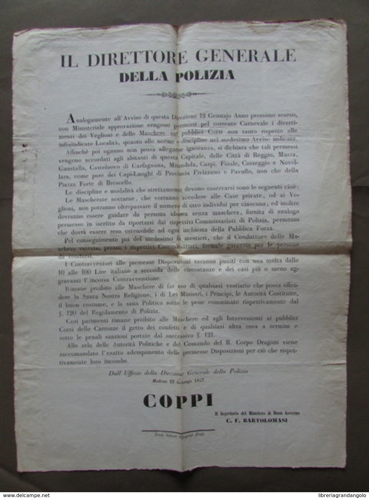 Disposizioni Polizia Feste Maschera Ordine Pubblico Soliani Modena 1857 - Non Classificati