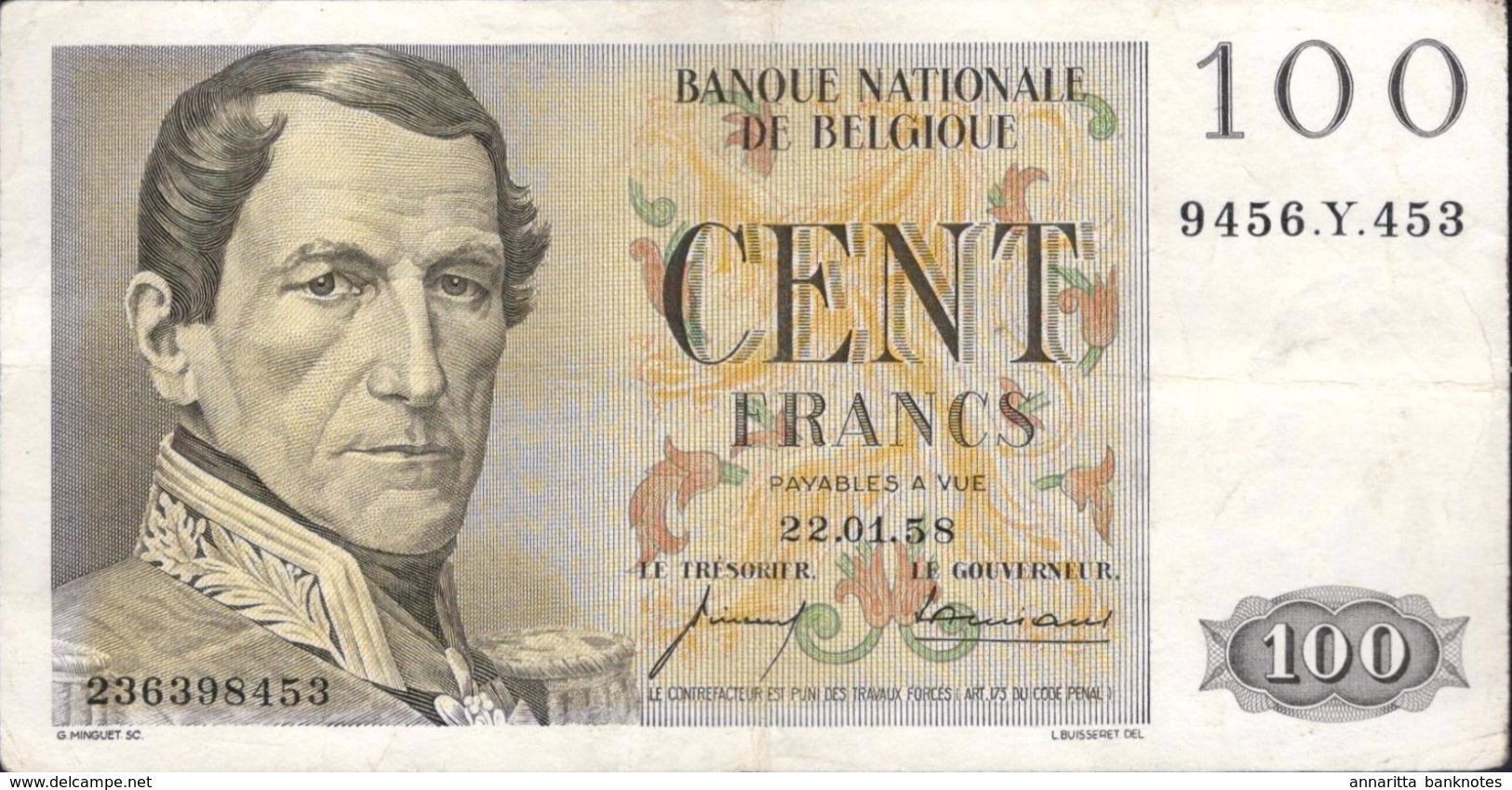 Belgium 100 Francs 1958, S/N 9456.Y.453 XF, P-129c, BE578c - 100 Francs