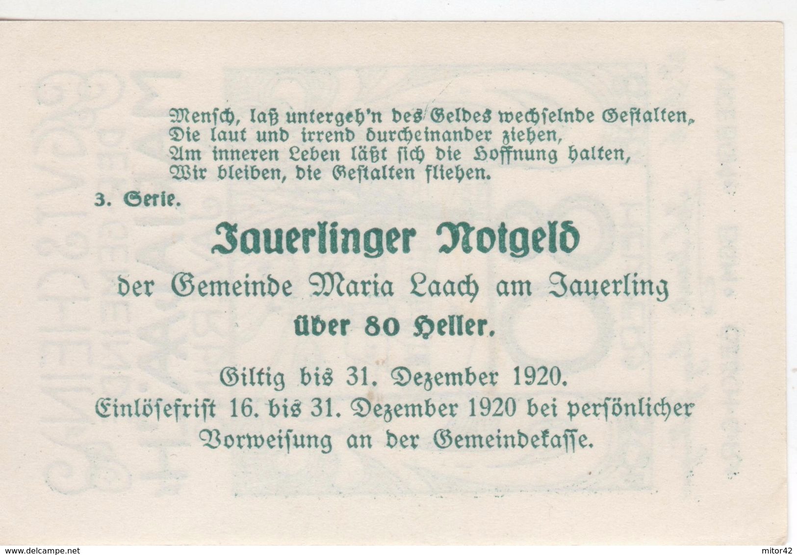 401-Banconote-Carta Moneta Di Emergenza-NOTGELD-Maria Laach-Austria-Osterraich-Emergency Money-80 Heller Blu-1920 - Austria