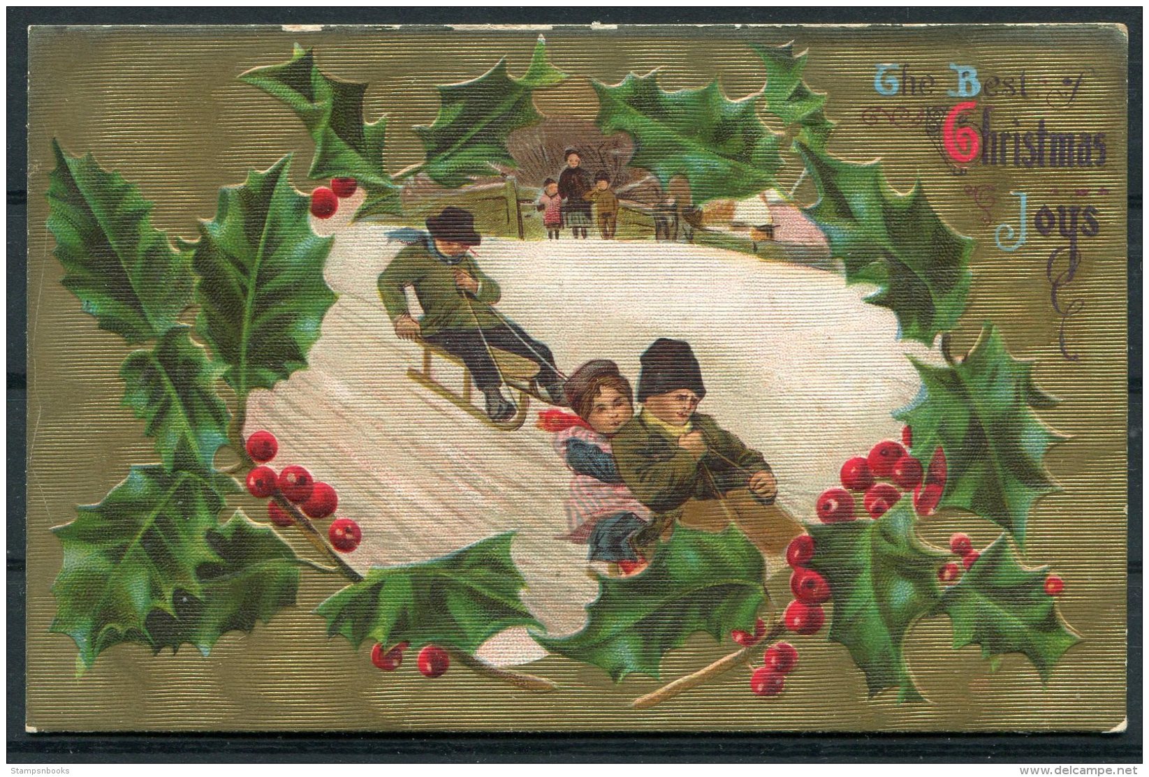 USA American Embossed Christmas Children Sledding Holly Postcard - Other & Unclassified