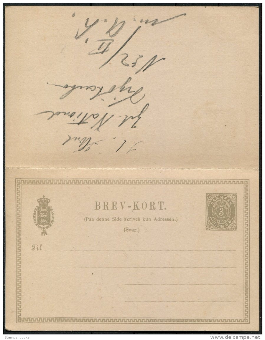 1894 Denmark 3 Ore Stationery Complete Reply Postcard, Brev-kort. Copenhagen National Hotel - Postal Stationery