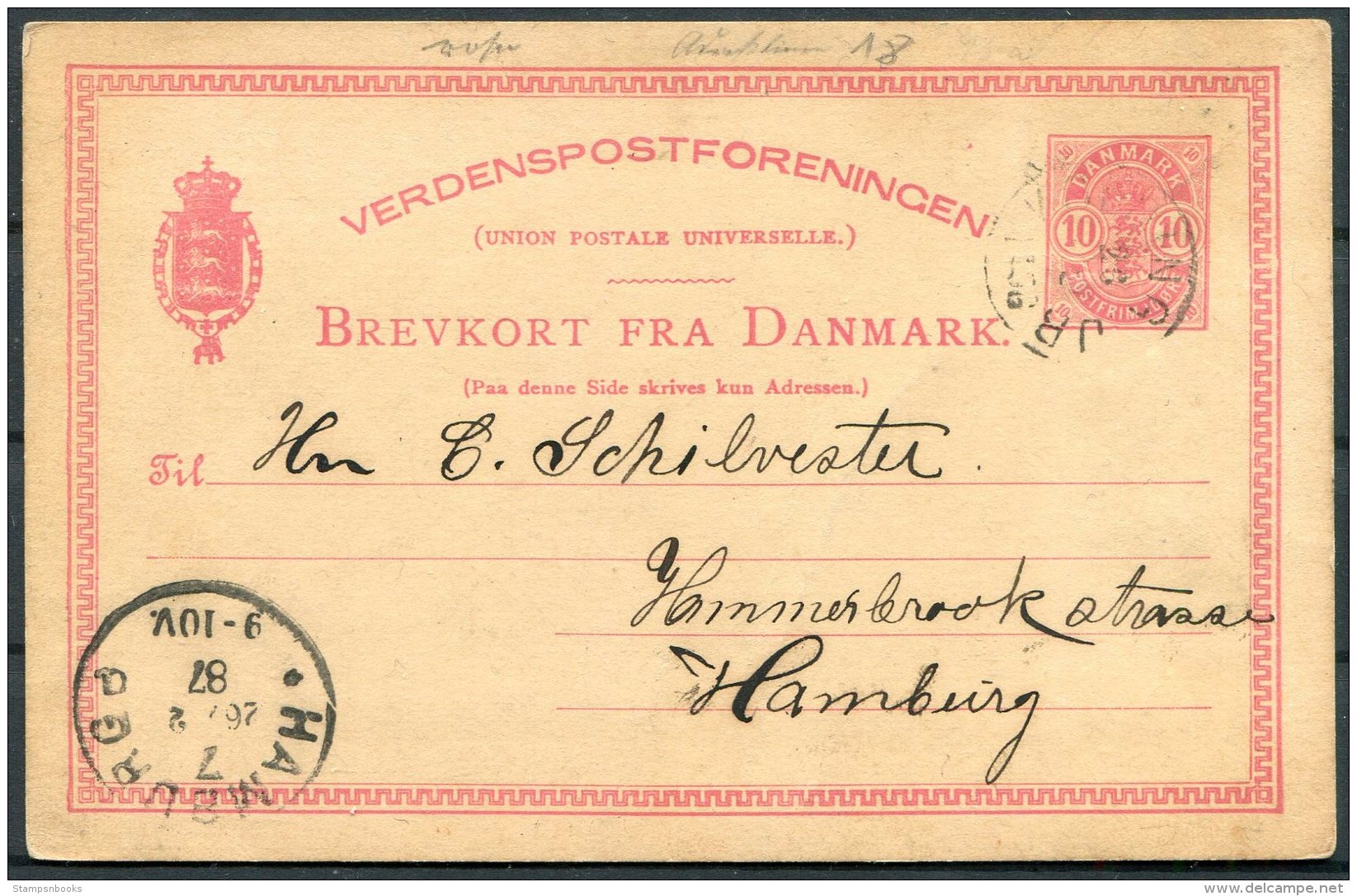 1887 Denmark 10 Ore Stationery Brevkort Postcard Kolding - Hamburg - Enteros Postales