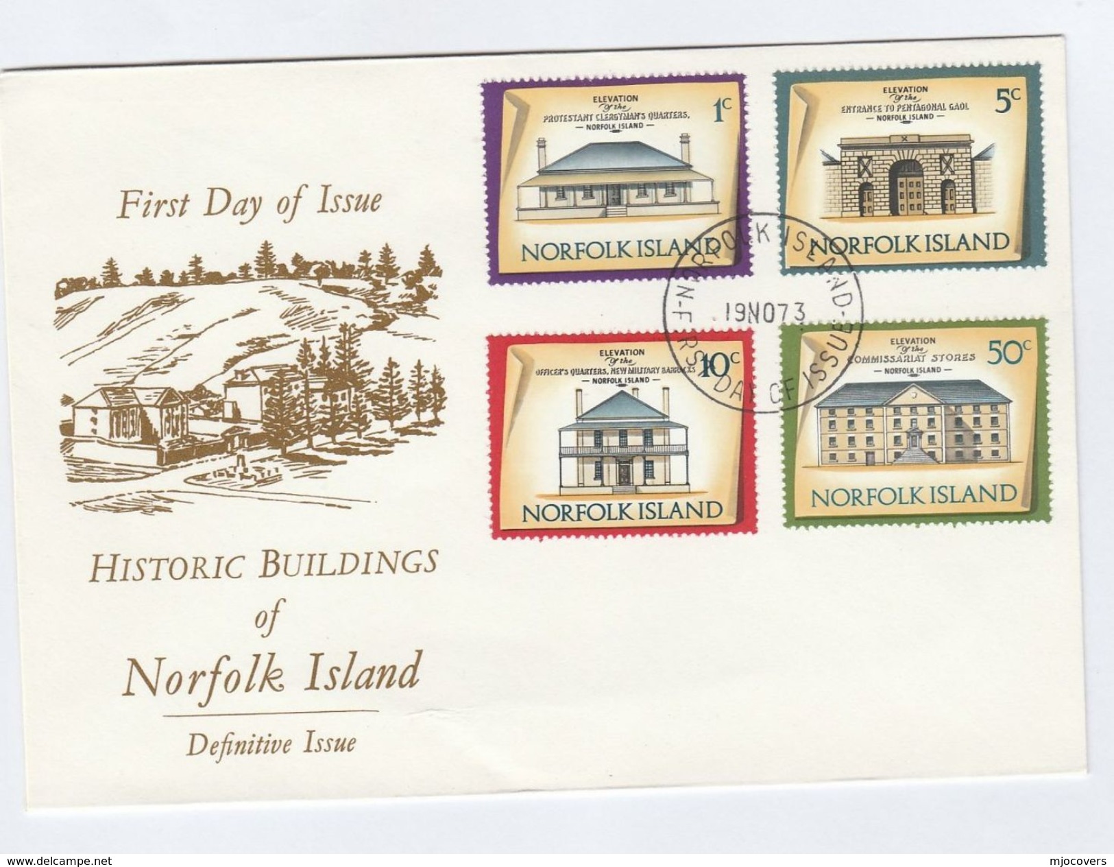 1973 NORFOLK ISLAND FDC Historic PRISON , BARRACKS,  PROTESTANT CLERGYMAN HOUSE Cover Stamps Crime Religion Military - Norfolk Island