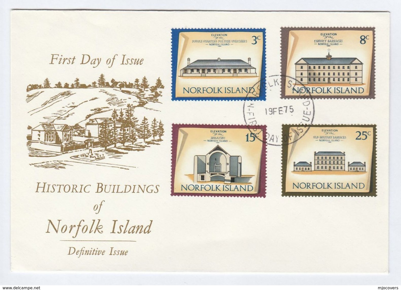 1975 NORFOLK ISLAND FDC Historic CONVICT BARRACKS,  MILITARY BARRACKS, Etc Cover Stamps Crime Military - Norfolk Island