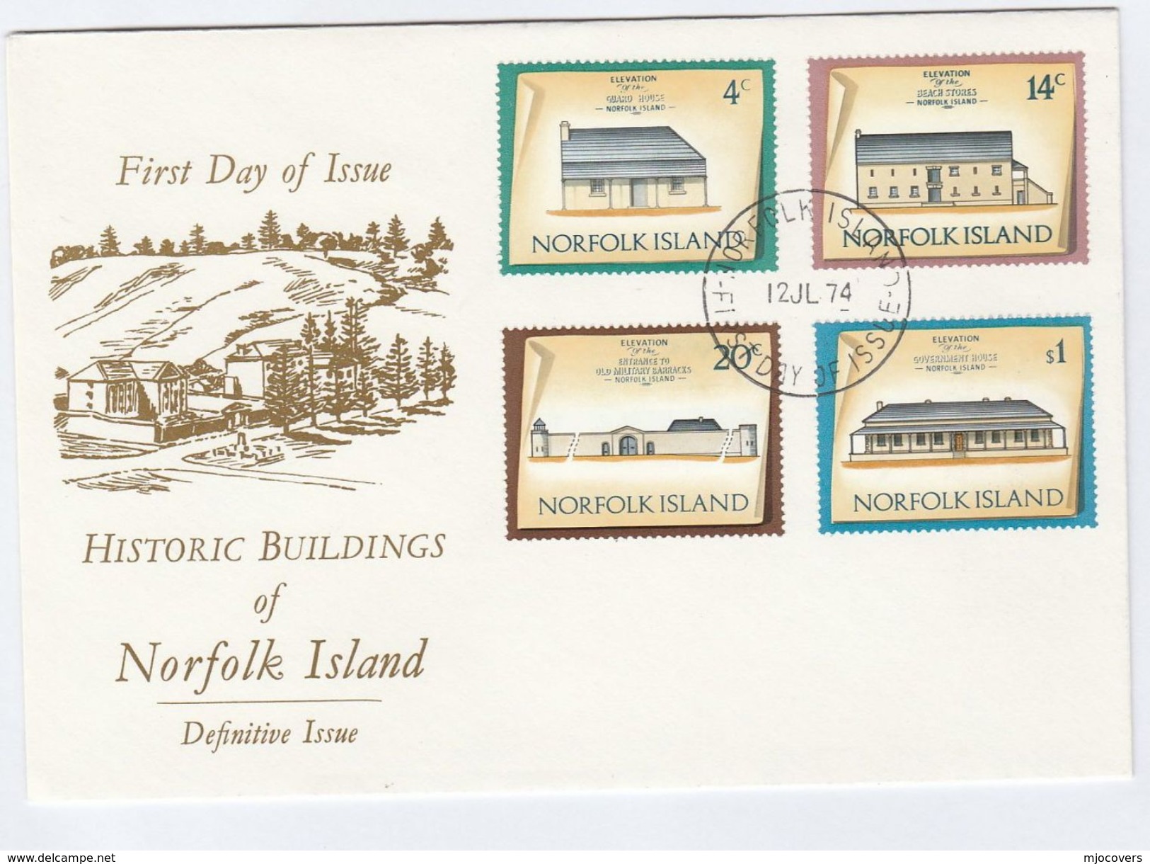 1974 NORFOLK ISLAND FDC Historic  MILITARY BARRACKS, GOVERNMENT HOUSE, STORE,  GUARD HOUSE Cover Stamps Military - Norfolk Island