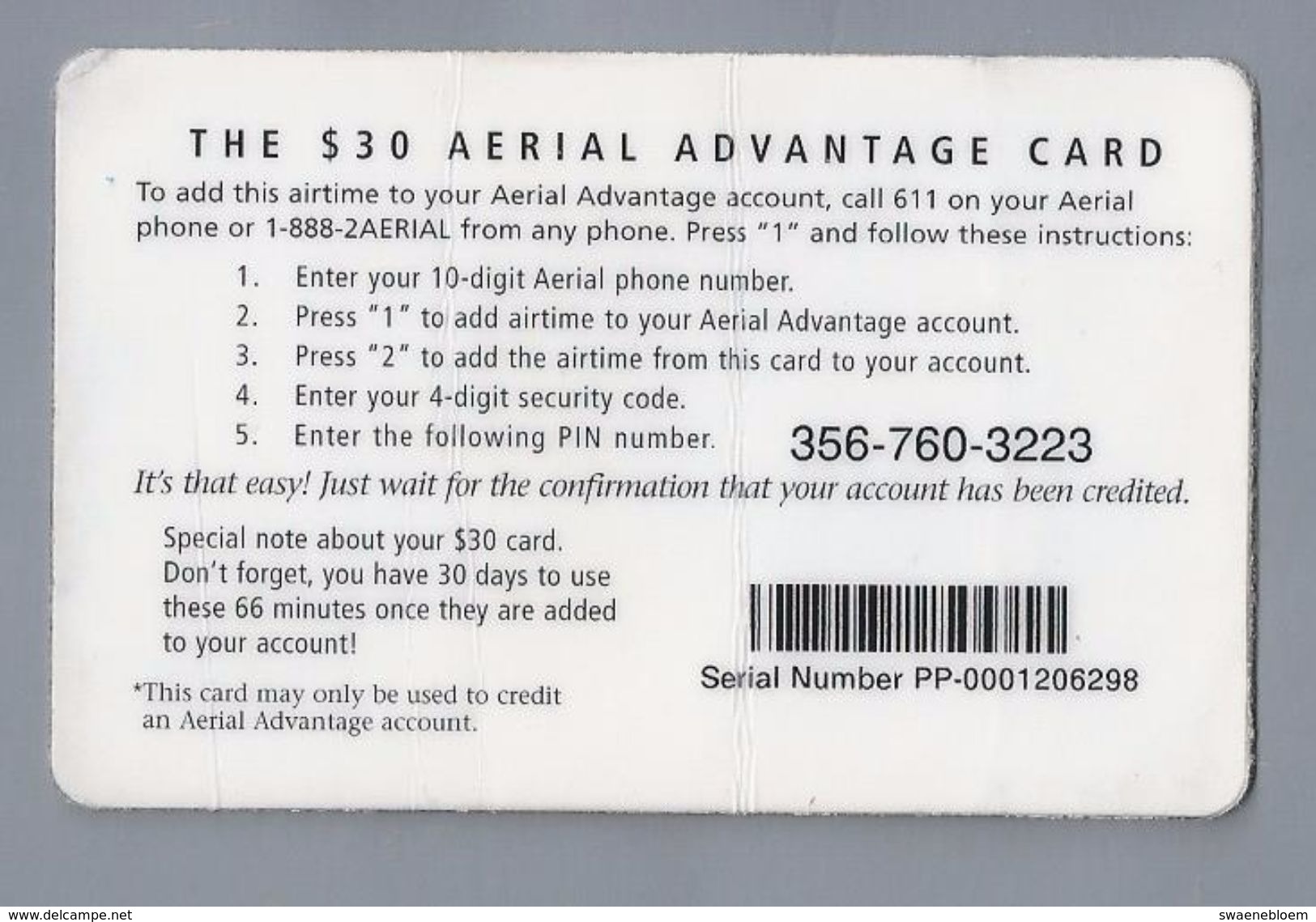 Telefoonkaart.-  Télécartes. Telecard. Phonecard. The $ 30 Aerial Advantage Card. 66 Minutes. Gebruikt. 2 SCANS - Andere & Zonder Classificatie