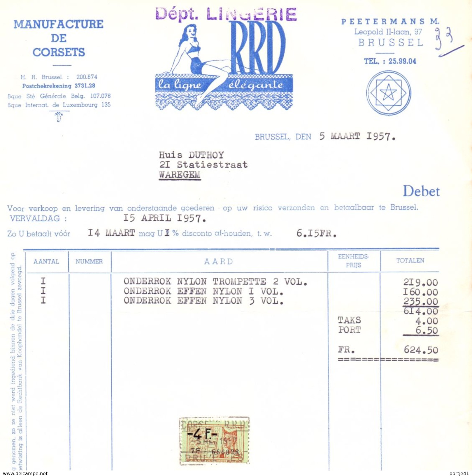 Factuur Facture - Corsets Lingerie RRD - Brussel 1957 - Textile & Vestimentaire