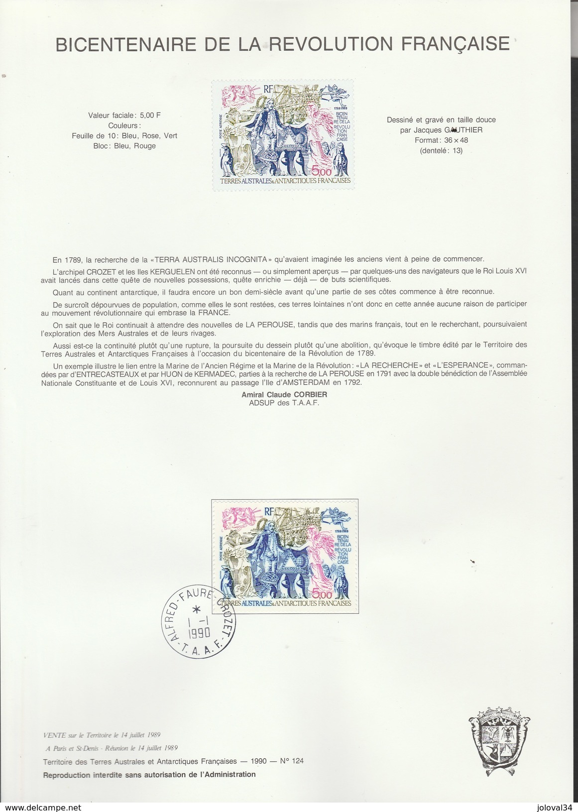 TAAF Yvert   PA 107 Sur Notice 124 - Bicentenaire De La Révolution Française - Covers & Documents