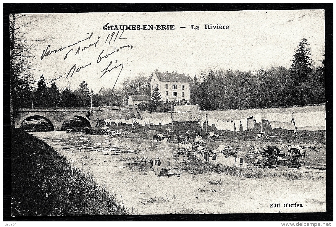 CPA ANCIENNE FRANCE- CHAUMES-EN-BRIE (77)- LA RIVIERE ET LE PONT- LAVEUSE DE LINGE EN GROS PLAN- LINGE ÉTENDU- - Autres & Non Classés