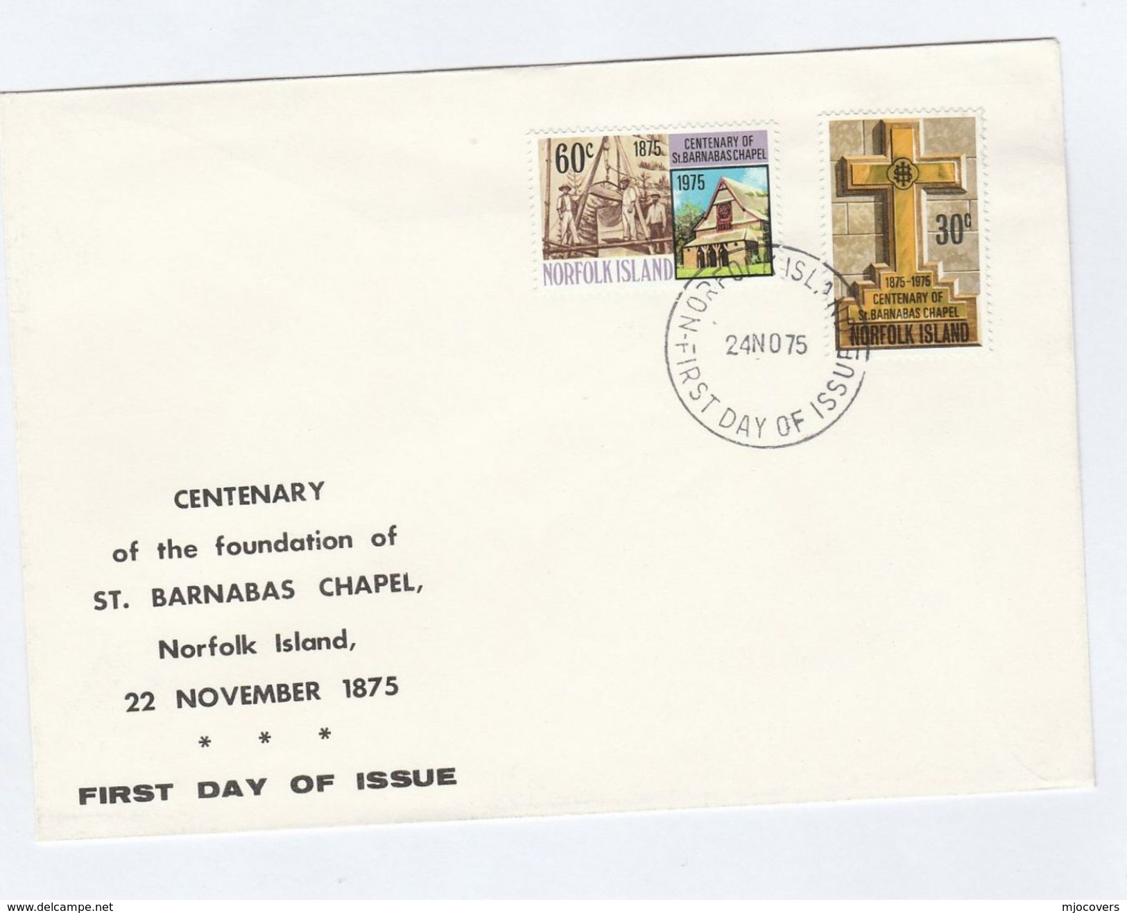 1975 NORFOLK ISLAND FDC St Barnabas CHAPEL Stamps  Cover Religion Church - Isola Norfolk