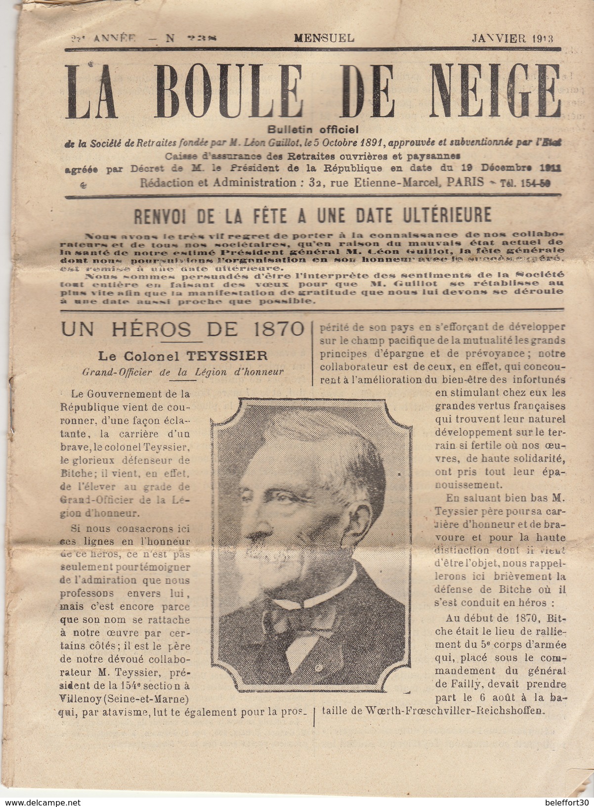 "La Boule De Neige" Bulletin De La Société Des Retraites, 1913, Article Sur Le Colonel Teyssier, Héros De 1870 - Documentos Históricos