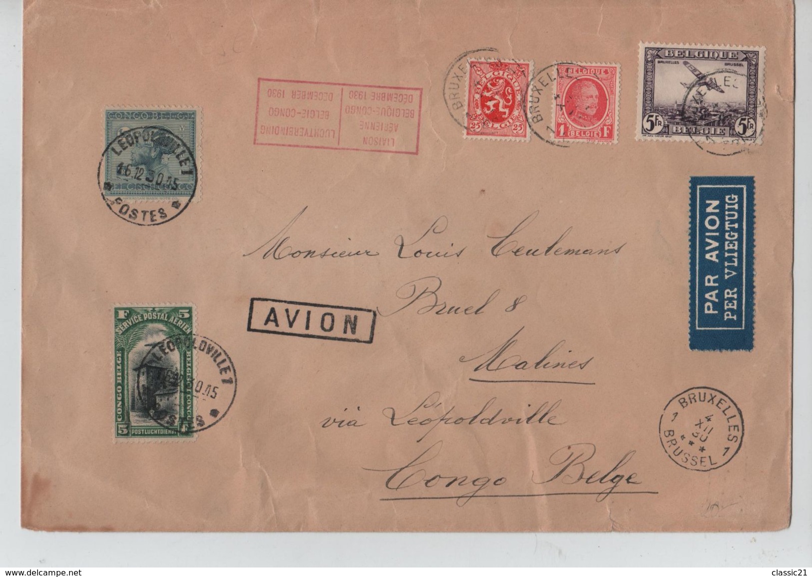 TPA 5 Vol Special-256-282 S/L.Avion C.BXL 4/12/1930 V.Léo.& Retour à Malines Le 2/3/1931 TP Congolais 698 - Lettres & Documents