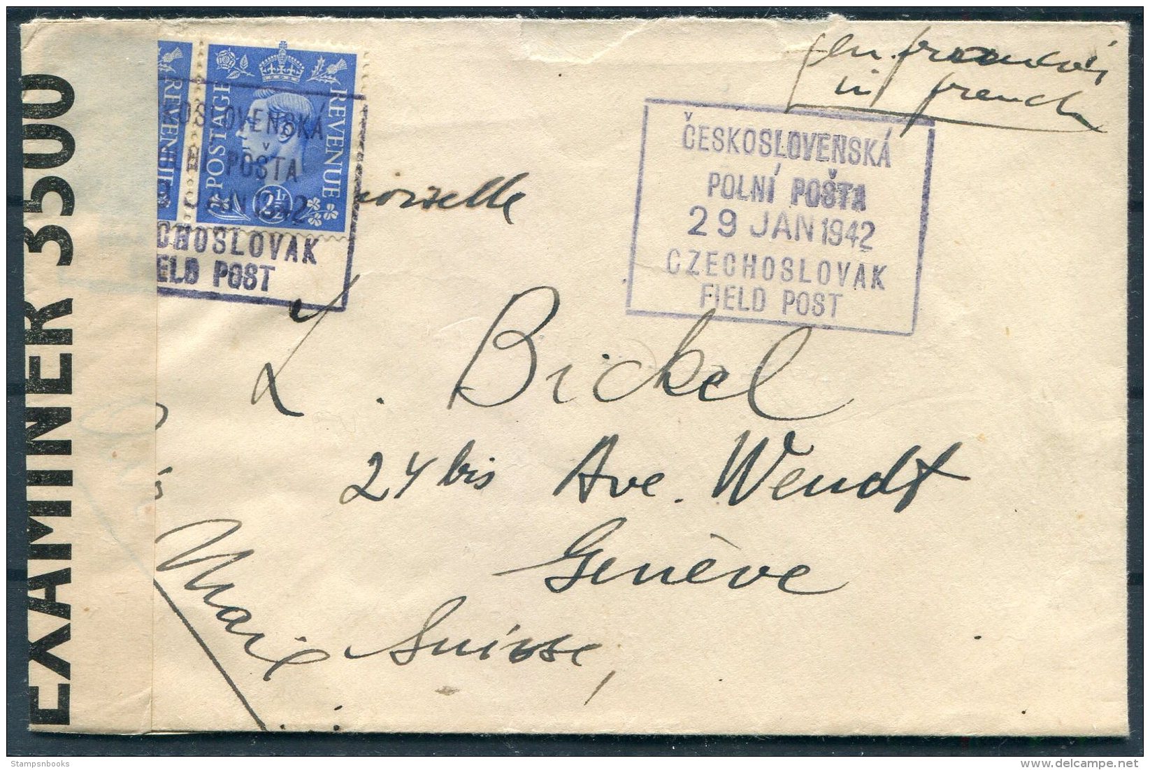 1942 GB Czechoslovak Forces In Exile, Fieldpost Czech Army C.S.P.P. Censor Cover - Geneva, Switzerland - Covers & Documents