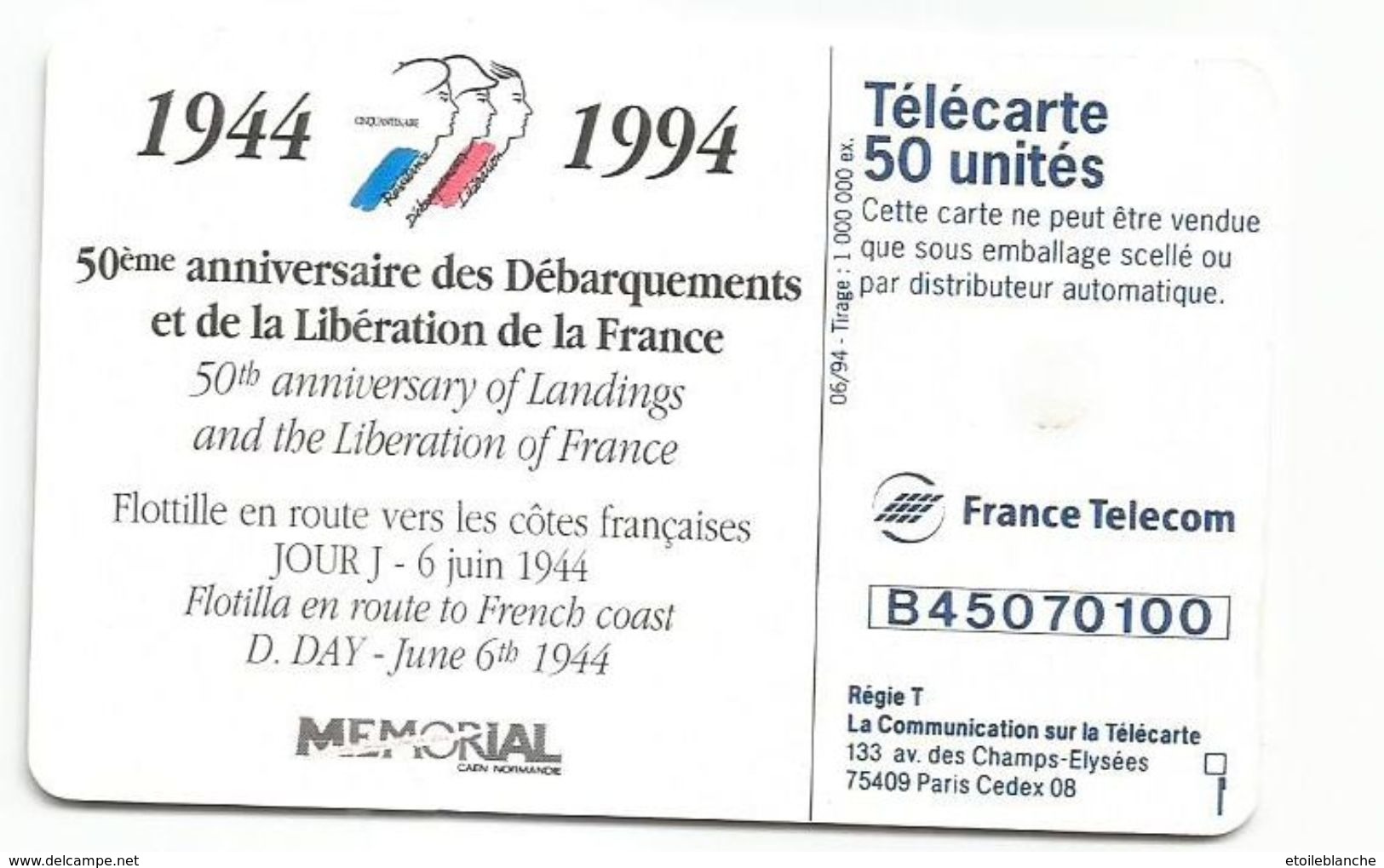 Telecarte 1994, Histoire Guerre 50e Anniversaire Débarquement Normandie France - War, D-Day 1944 - Soldats, Vélos - Army