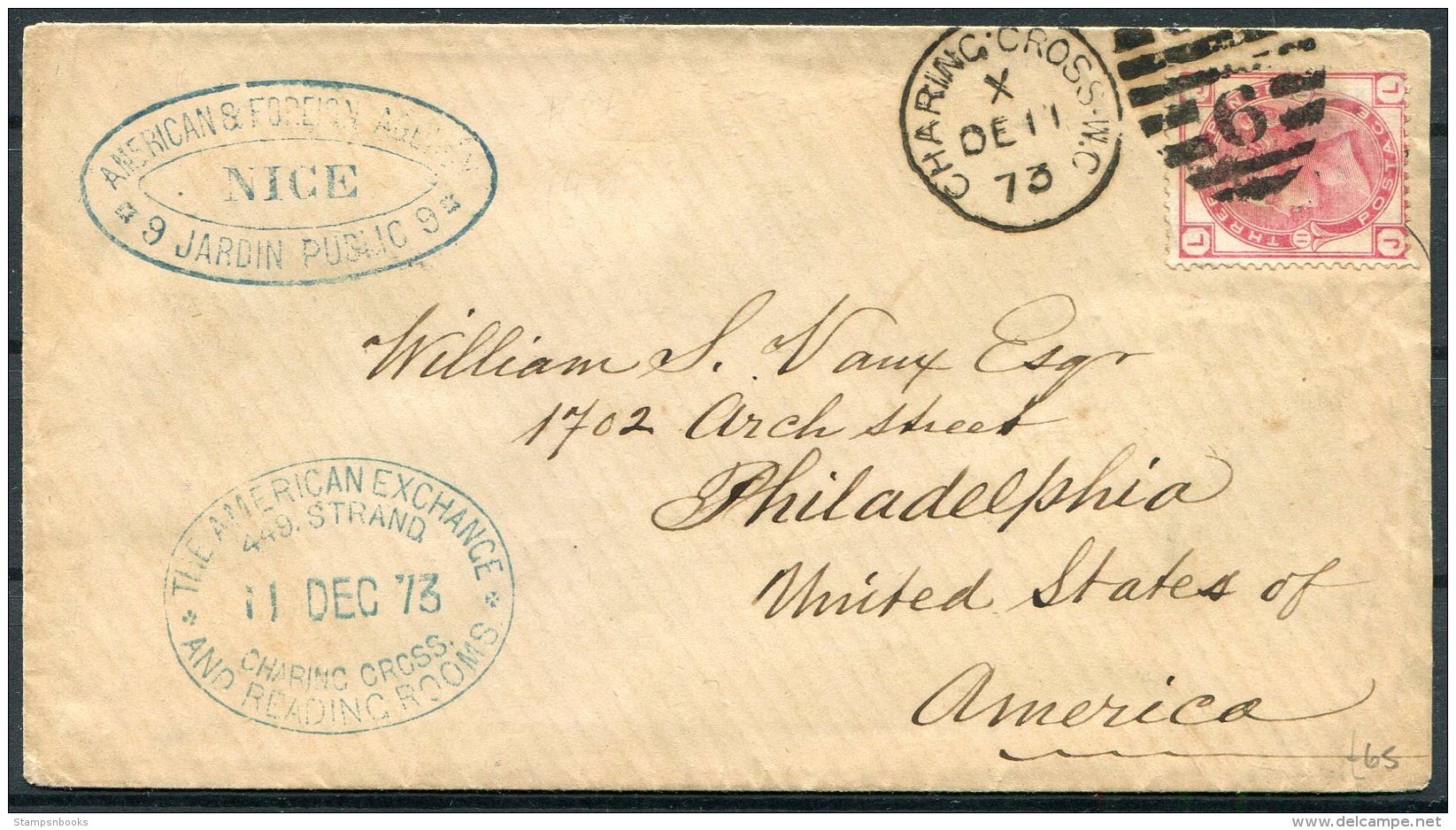 1873 GB 3d Rose Plate 11, The American Exchange, 449 Strand, Charing Cross, London Cover - Philadelphia, USA - Lettres & Documents