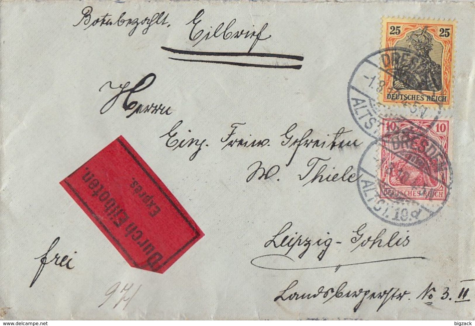 DR Brief Eilbote Mif Minr.86I, 88I Dresden 1.8.10 Gel. Nach Leipzig - Briefe U. Dokumente